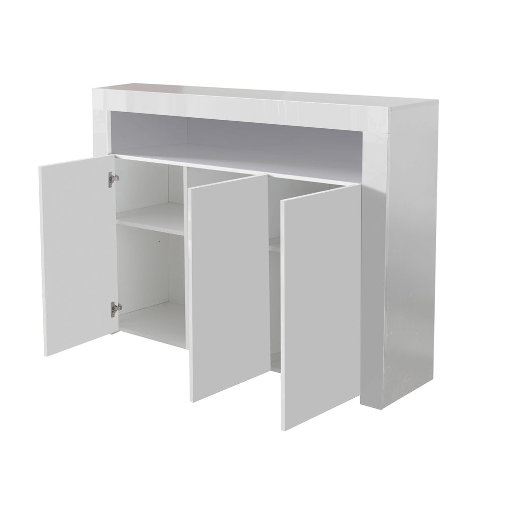 Living Room Sideboard Storage Cabinet WHITE  High Gloss with LED Light, Modern Kitchen Unit Cupboard Buffet Wooden Storage Display Cabinet TV Stand with 3 Doors for Hallway Dining Room - Grand Goldman Shop