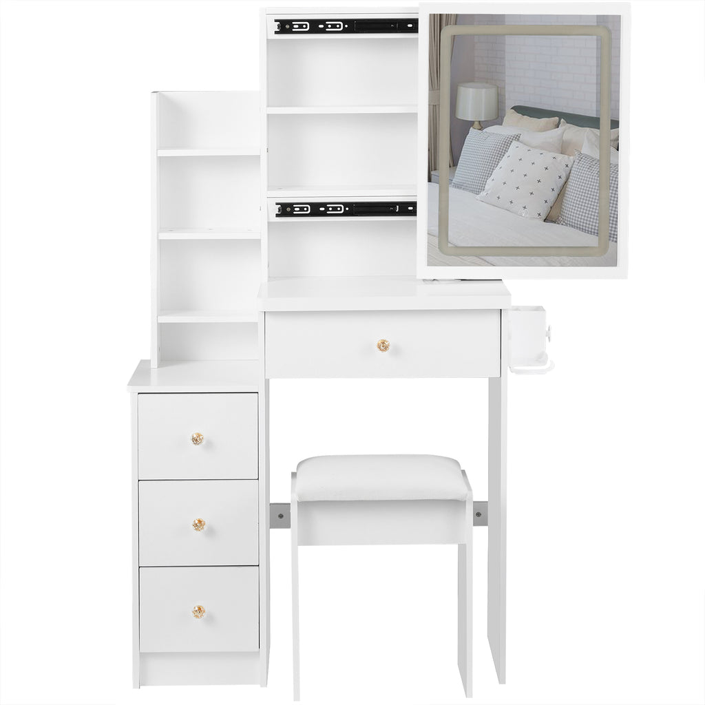 29.2' Small Size Left Bedside Cabinet Vanity Table + Cushioned Stool, 2 AC+2 USB Power Station, Hair dryer bracket, Extra Large Touch Control Sliding LED Mirror, Tri-color Switching, Brightness Adjust - Grand Goldman Shop