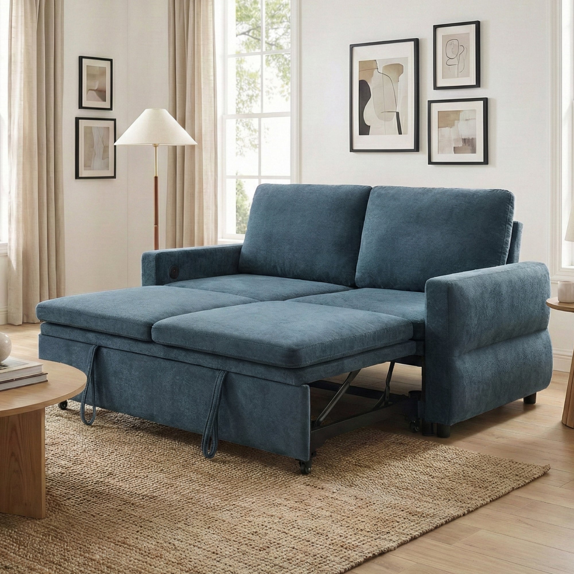 Convertible Sofa Bed 62.75' Loveseat with Adjustable Backrest and USB Ports in Blue Chenille Fabric - Grand Goldman Shop