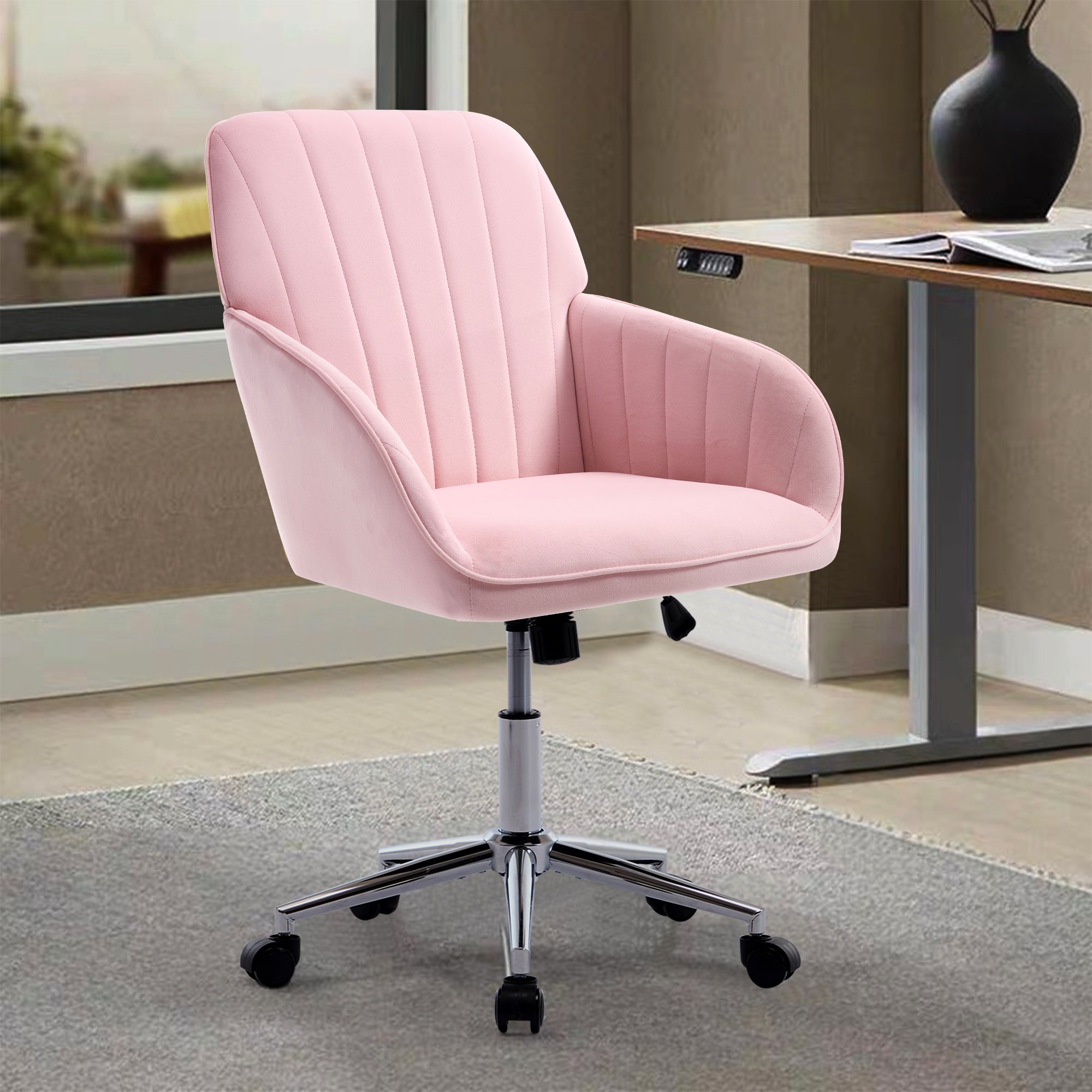 TY Ergonomic Office Chair, Baby Pink Velvet Adjustable Swivel Chair with Lumbar Support for Home or Bedroom Use - Grand Goldm