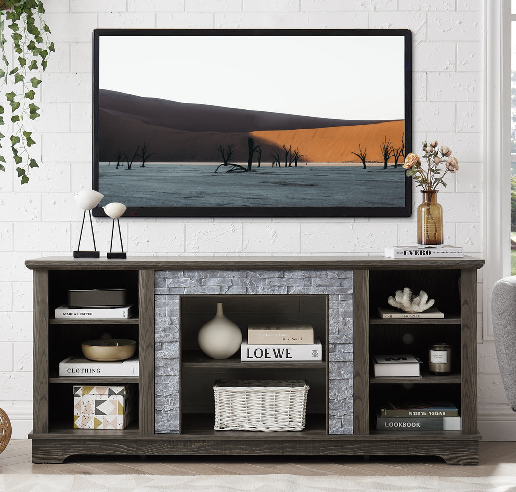 Mantel Stone TV Media Stand with with Faux Stacked Stone Surround, Modern Entertainment Console with Open Storage Space,Grey, 58.31'W*15.39'D*26.06'H - Grand Goldman Shop
