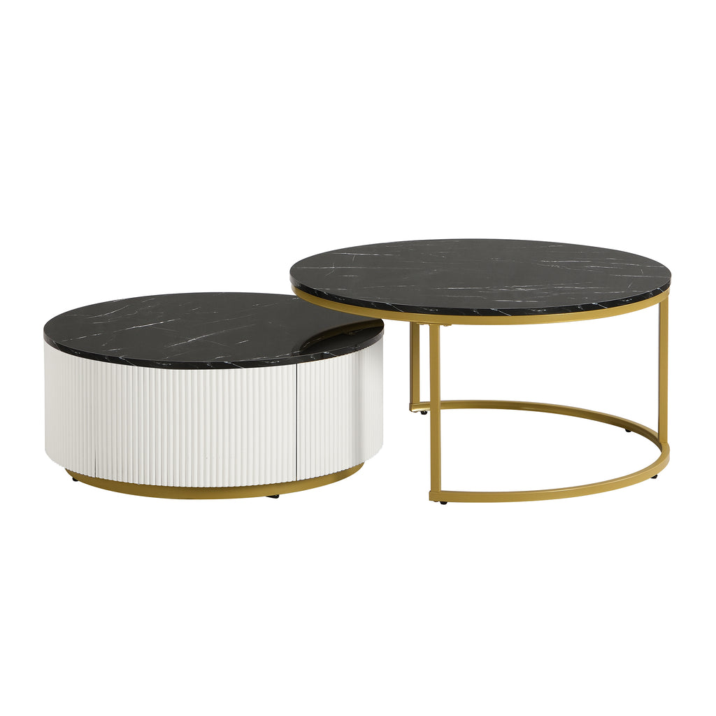 Modern Round Nesting Coffee Table Fluted with Drawer in Black & Gold in 31.5'' - Grand Goldman Shop