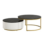 Modern Round Nesting Coffee Table Fluted with Drawer in Black & Gold in 31.5'' - Grand Goldman Shop