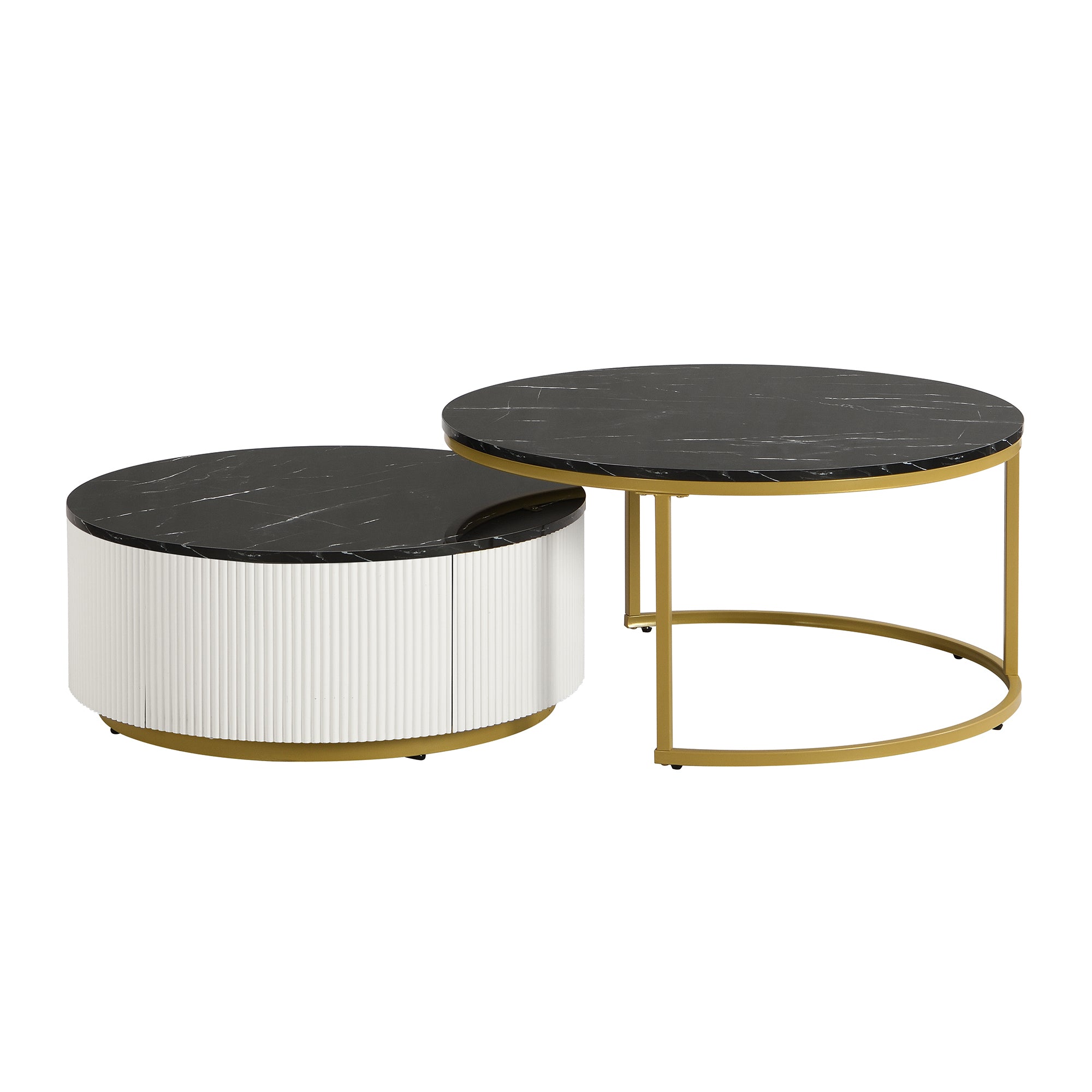Modern Round Nesting Coffee Table Fluted with Drawer in Black & Gold in 31.5'' - Grand Goldman Shop