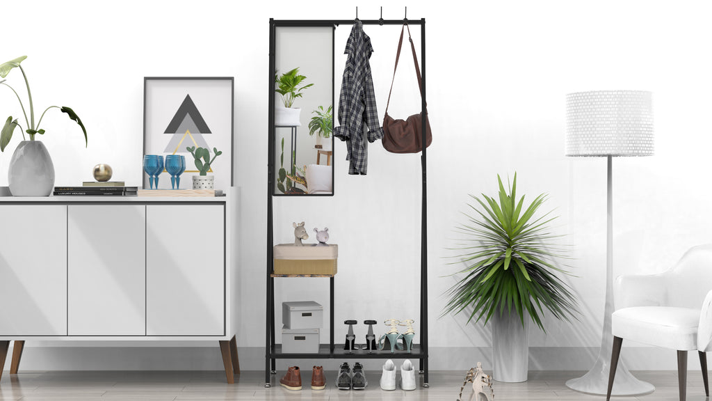 Coat Rack with Mirror, Multifunctional Hall Tree with Shoe Storage, Metal Frame, for Living Room Bedroom 73x32x15 Inches, Industrial Style, Rustic Brown and Black - Grand Goldman Shop