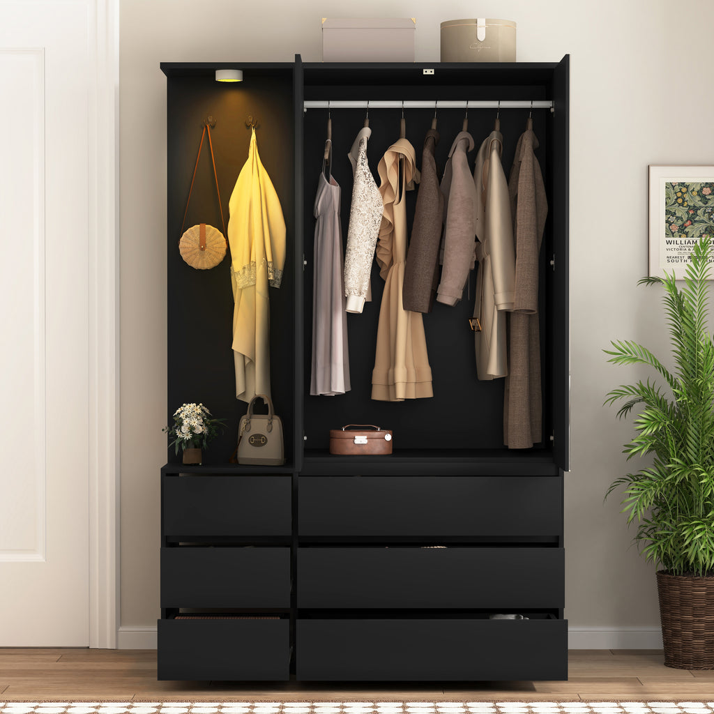 Wardrobe Closet 71.7' H, Bedroom Wooden Wardrobe with 2 Doors 6 Drawers, Modern Clothing Storage Cabinet Combination with Storage Shelves and Hanging Rail, Black - Grand Goldman Shop