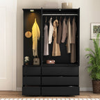 Wardrobe Closet 71.7' H, Bedroom Wooden Wardrobe with 2 Doors 6 Drawers, Modern Clothing Storage Cabinet Combination with Storage Shelves and Hanging Rail, Black - Grand Goldman Shop