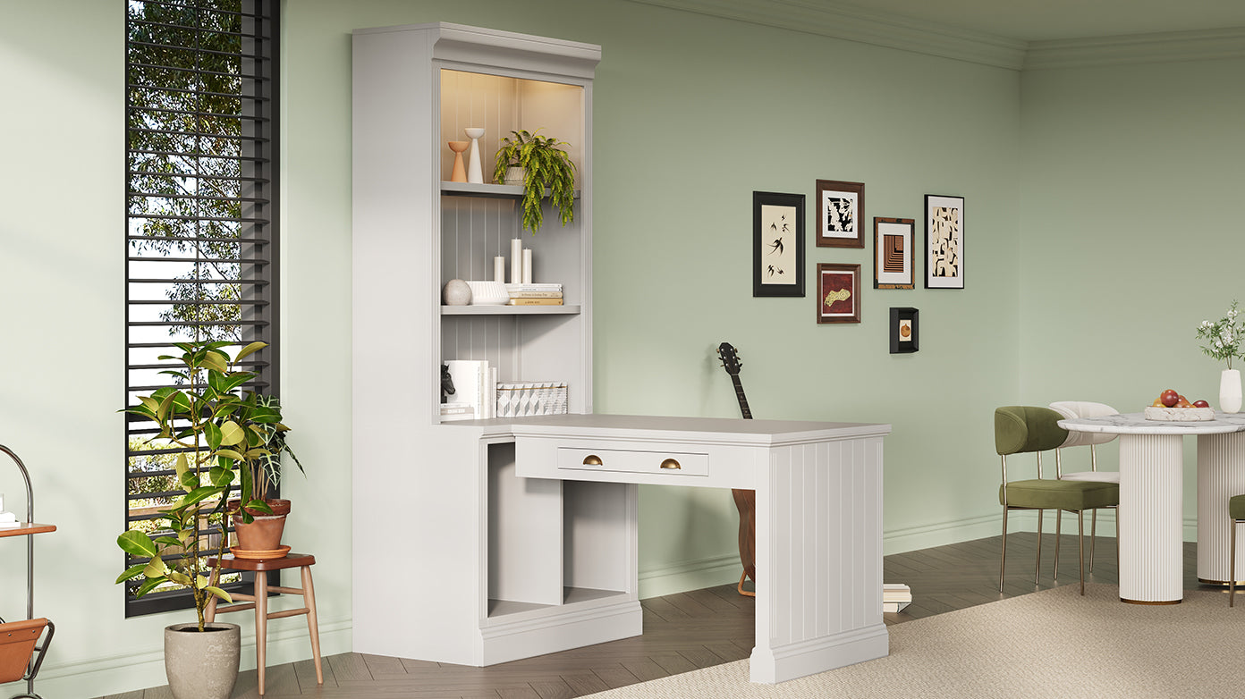 83.4'Tall Bookshelf with Writing Desk, Modern Bookcase with Study Desk, Workstation with Storage Shelf,Storage Bookcase with 