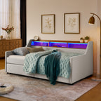 Beige Linen Upholstered Twin Sofa Bed with LED Lights, Storage Drawers, Adjustable Headboard & Wireless Charging - Grand Goldman Shop