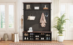 Farmhouse 4-in-1 Hall Tree with 6 Hooks, Practical Walnut Entryway Bench with Adjustable Shelves,  Wooden Shoe Organizer with 16 Compartments for Mudroom, Living Room, Black (OLD SKU: N721S000064B-1) - Grand Goldman Shop