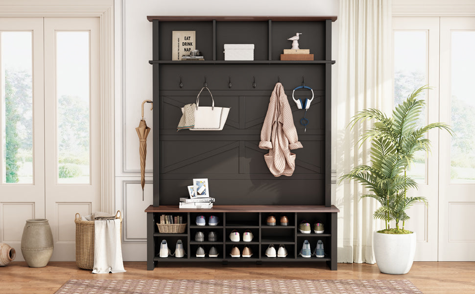 Farmhouse 4-in-1 Hall Tree with 6 Hooks, Practical Walnut Entryway Bench with Adjustable Shelves,  Wooden Shoe Organizer with 16 Compartments for Mudroom, Living Room, Black (OLD SKU: N721S000064B-1) - Grand Goldman Shop