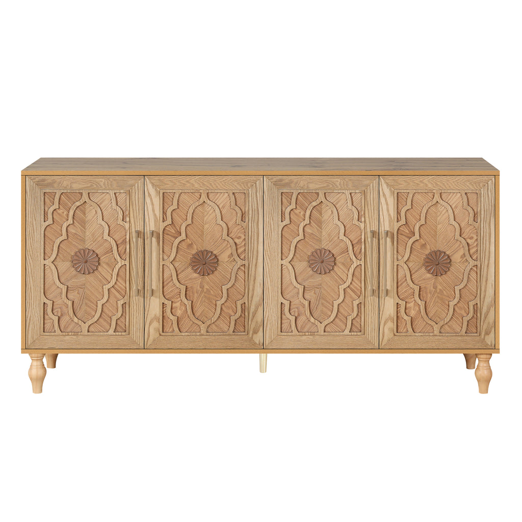 Carved Flower Door Large Storage Cabinet With Metal Handle Suitable For Living Room, Kitchen, Entryway(NATURAL WOOD) - Grand Goldman Shop