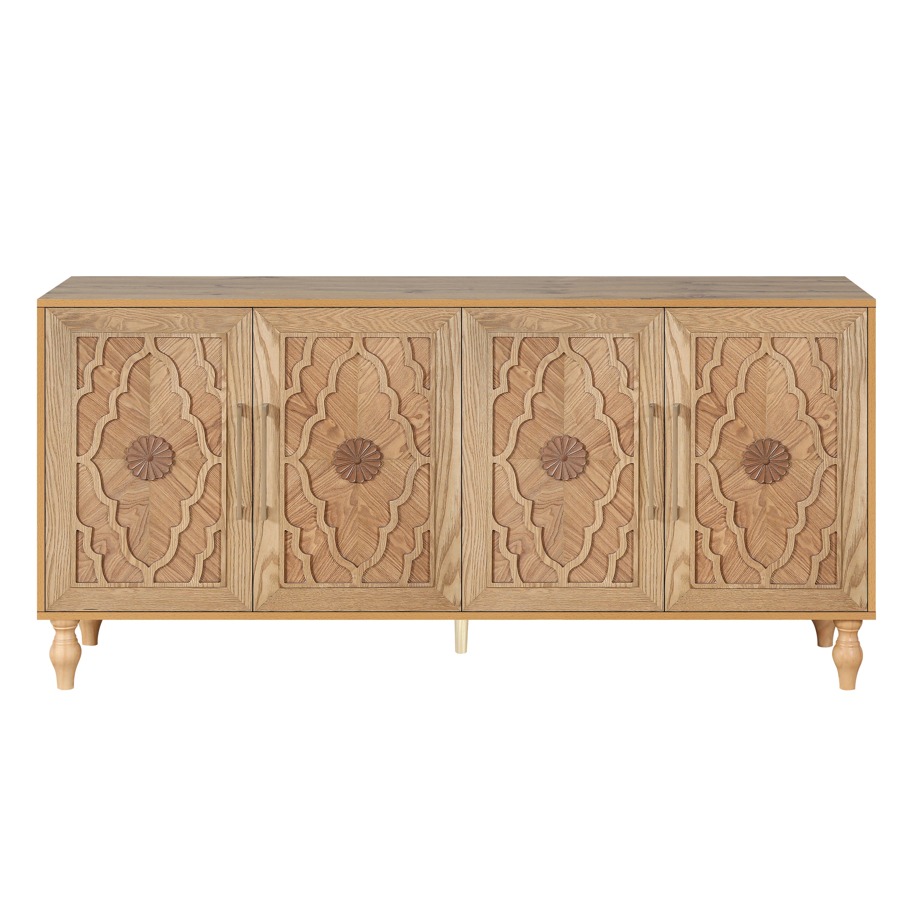 Carved Flower Door Large Storage Cabinet With Metal Handle Suitable For Living Room, Kitchen, Entryway(NATURAL WOOD) - Grand Goldman Shop