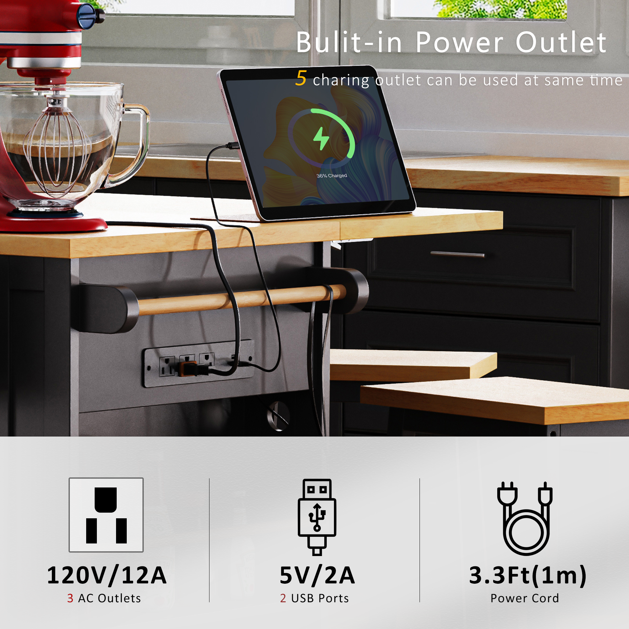 K&K 53inch Large Kitchen Island with Drop Leaf,Power Outlet,Door Internal Storage Rack,Rolling Kitchen Cart on 5 Wheels with 5 Open Side Racks for Kitchen,Black(Two Packages)(Stools not included) - Grand Goldman Shop