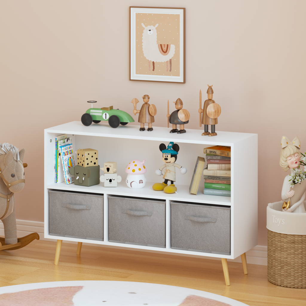 Kids Bookcase with Collapsible Fabric Drawers, Children's Book Display, Toy Storage Cabinet Organizer, White/Gray, MDF+Pine -