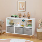 Kids Bookcase with Collapsible Fabric Drawers, Children's Book Display, Toy Storage Cabinet Organizer, White/Gray, MDF+Pine -