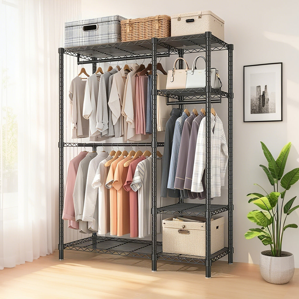 Heavy Duty Freestanding Clothes Rack, with 6 Adjustable Wire Shelves and 3 Garment Rails,Black Metal - Grand Goldman Shop