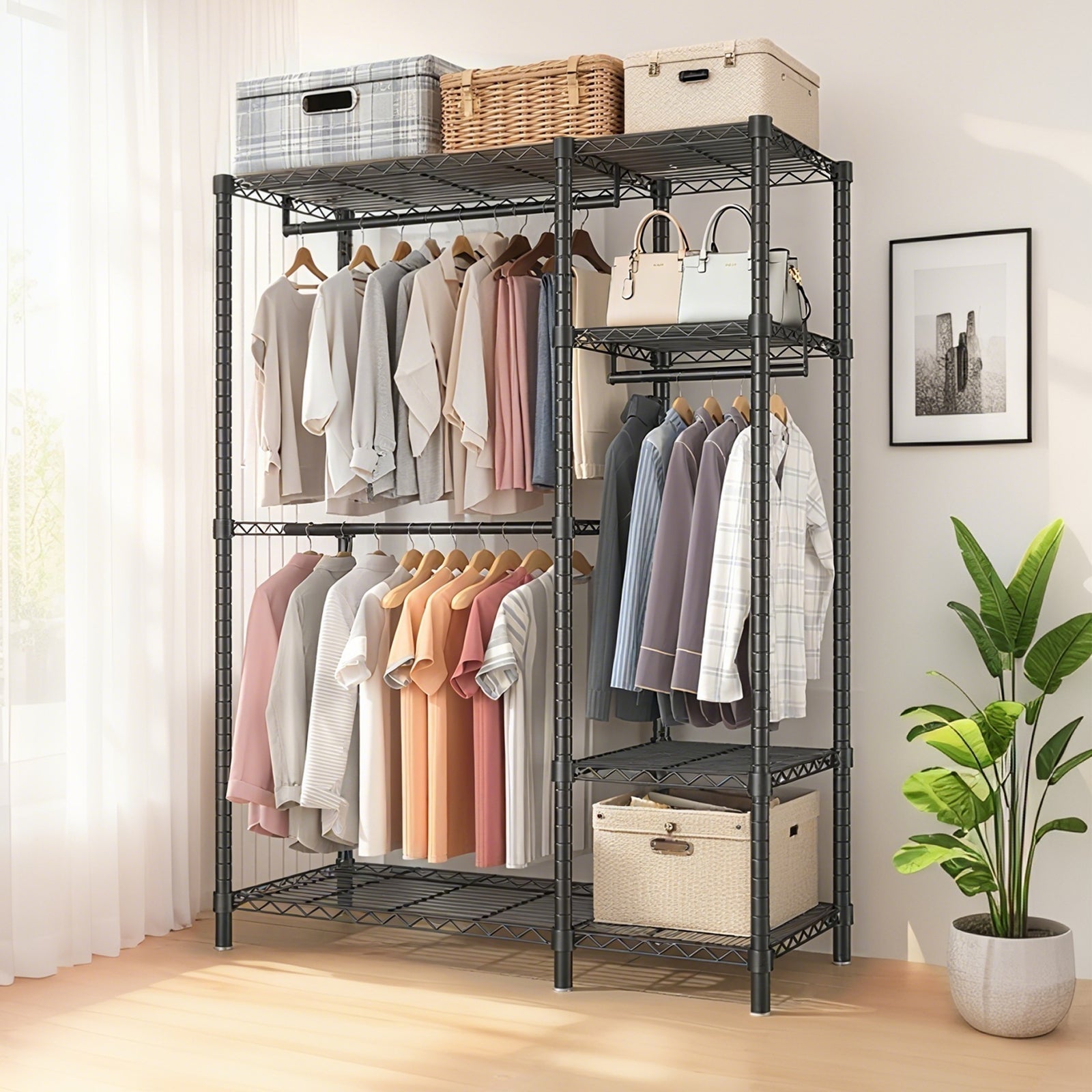 Heavy Duty Freestanding Clothes Rack, with 6 Adjustable Wire Shelves and 3 Garment Rails,Black Metal - Grand Goldman Shop