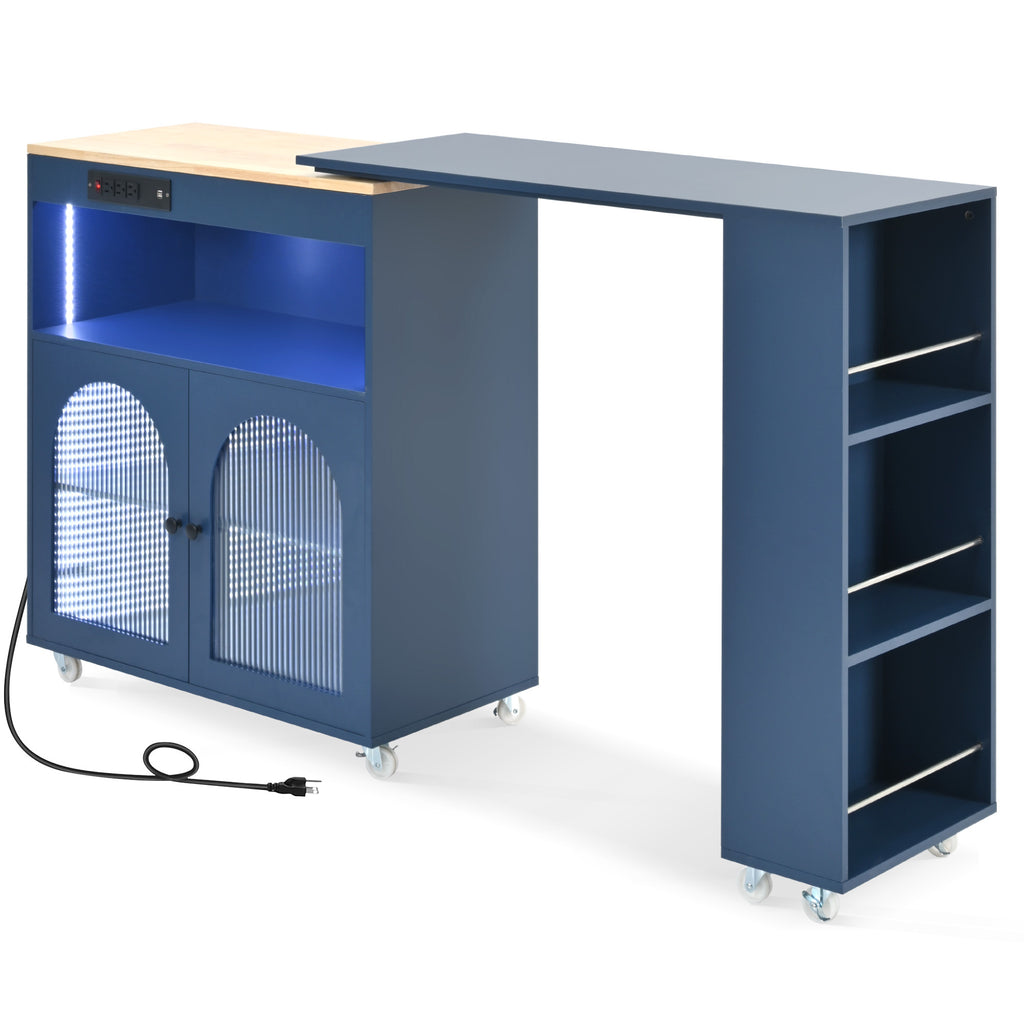 K&K Rolling Kitchen Island With Extended Table, Kitchen Island on Wheels with LED Lights,Power Outlets and 2 Fluted Glass Doors, Kitchen Island with a Storage Compartment and Side 3 Open Shelves, Navy - Grand Goldman Shop