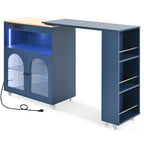 K&K Rolling Kitchen Island With Extended Table, Kitchen Island on Wheels with LED Lights,Power Outlets and 2 Fluted Glass Doors, Kitchen Island with a Storage Compartment and Side 3 Open Shelves, Navy - Grand Goldman Shop