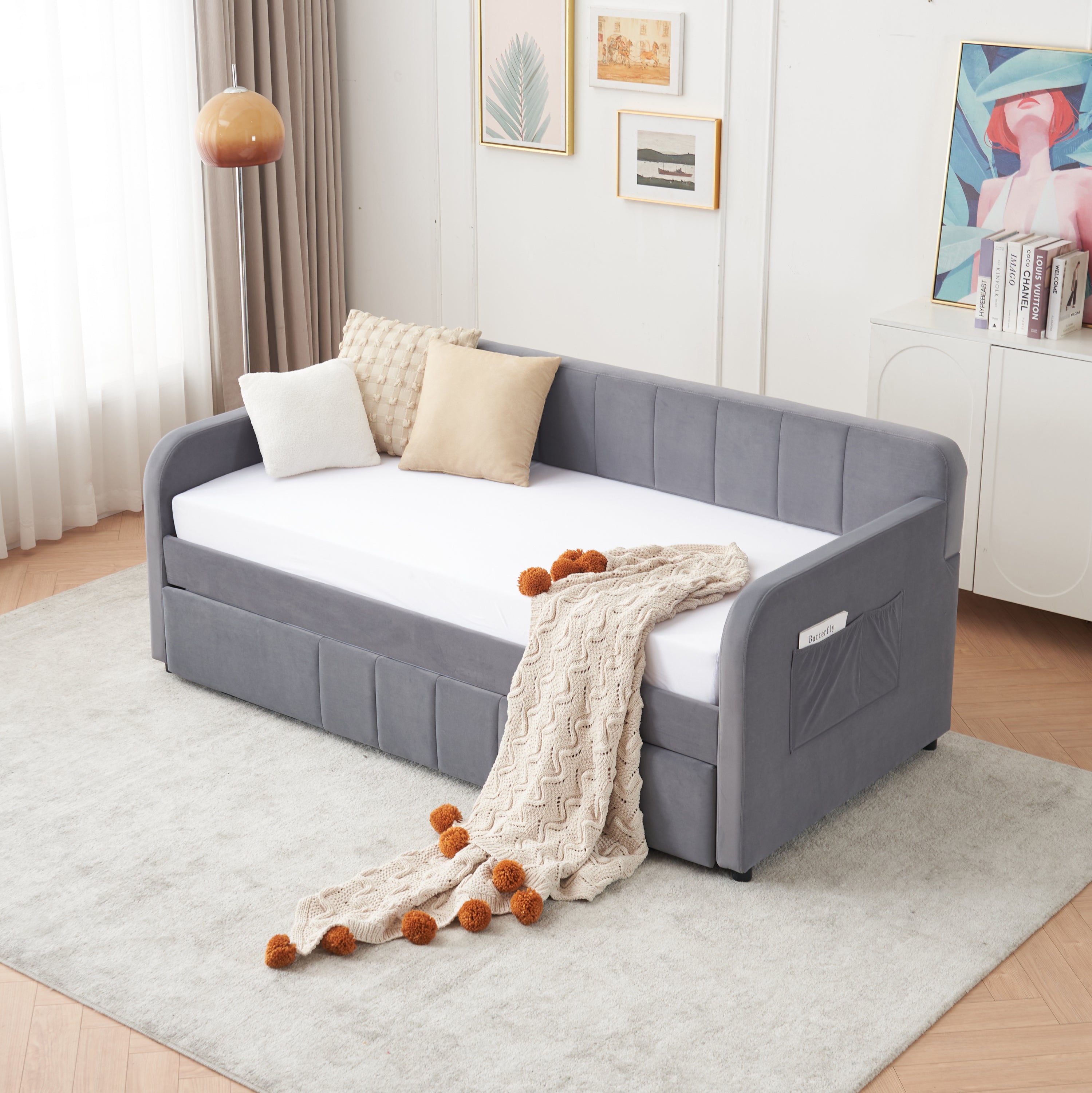 Twin Upholstered Daybed Frame with Trundle, Twin Size Sofa Bed for Bedroom Living Room Guest Room, Wood Slat Support,Grey - Grand Goldman Shop