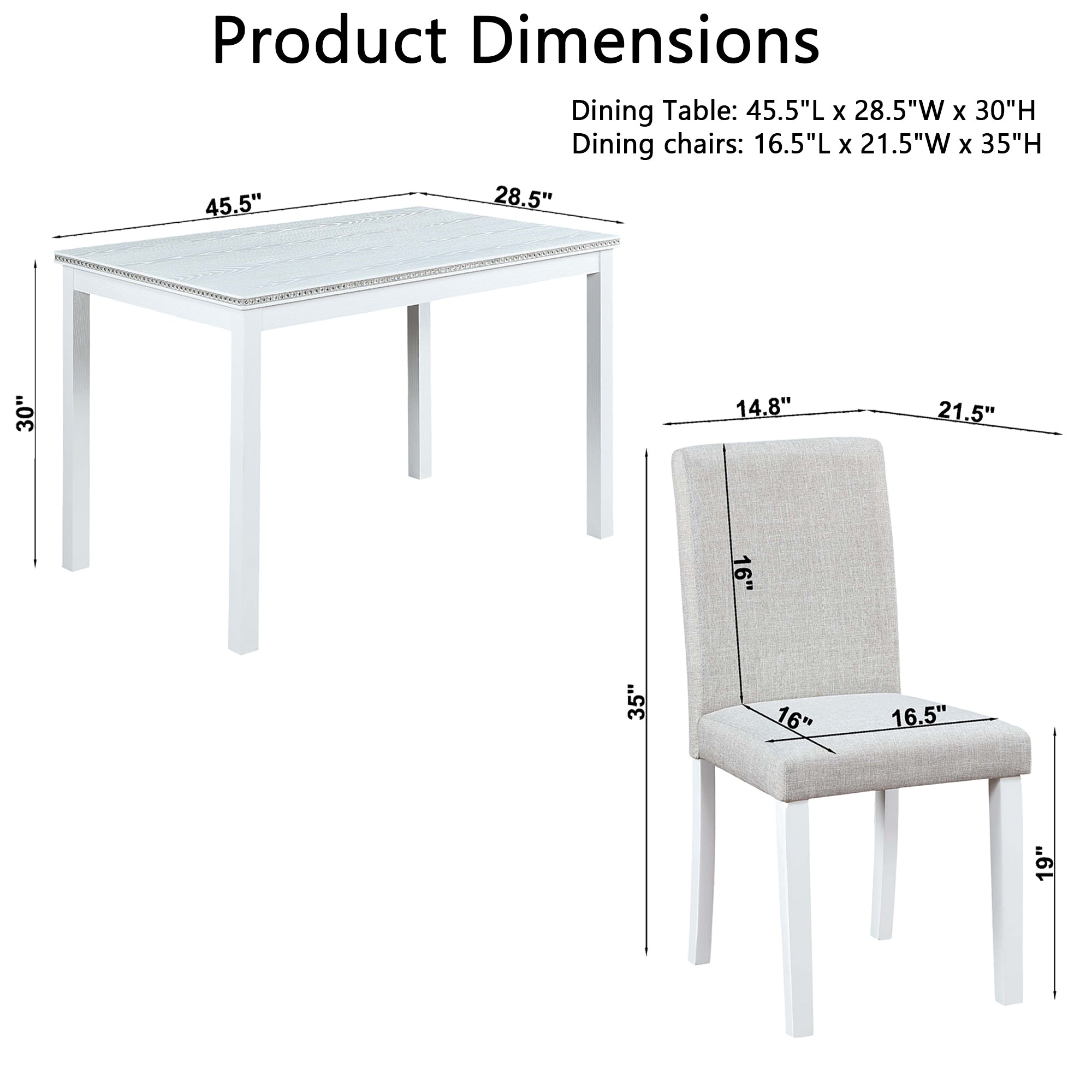 5-Piece Wooden Dining Table Set with Rectangular Table and 4 Upholstered Chairs – White Dining Room Set with Crystal Decoration for Kitchen or Dining Room - Grand Goldman Shop