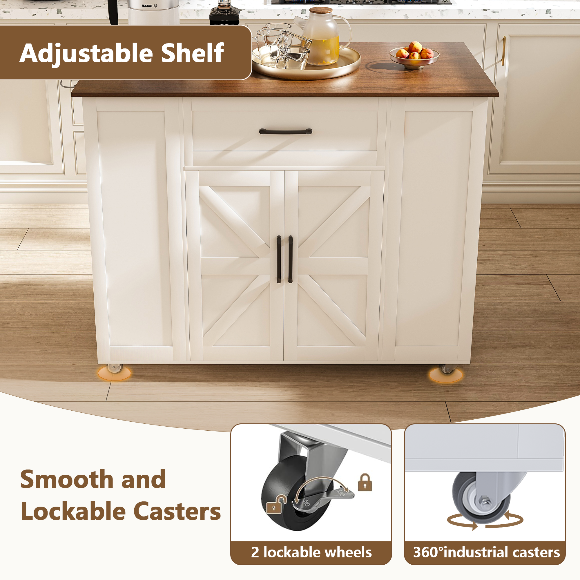 46' Kitchen Island on Wheels with Storage & Power Outlet - Movable Rustic Breakfast Bar Table, Wood Top with Adjustable Shelf & Drawer for Kitchen Dining Living Room, White - Grand Goldman Shop