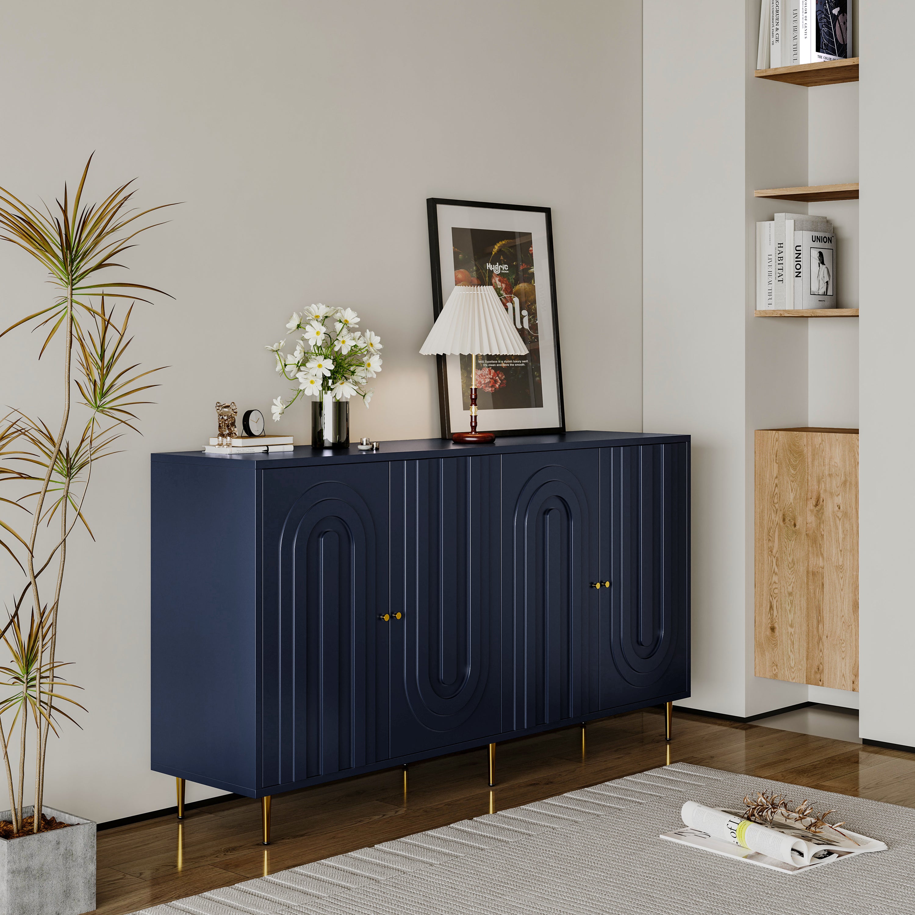 Modern Blue Lacquered 4 Door Wooden Cabinet Sideboard Buffet Server Cabinet Storage Cabinet, for Living Room, Entryway, Hallway, Office, Kitchen and Dining Room - Grand Goldman Shop
