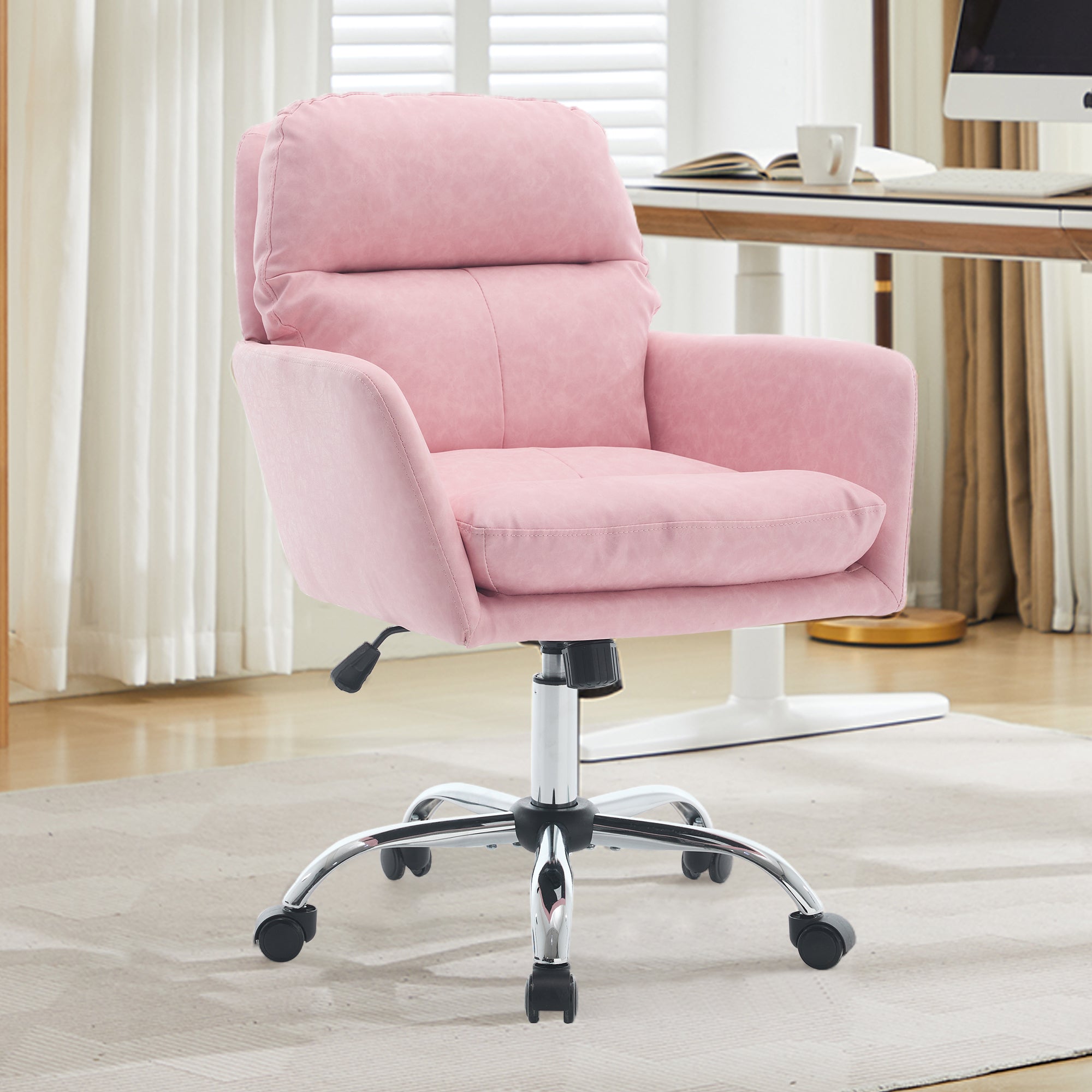 Pink PU Leather Office Chair with Adjustable Height, Black Base, Ergonomic Design for Office, Bedroom, and Dressing Table | P