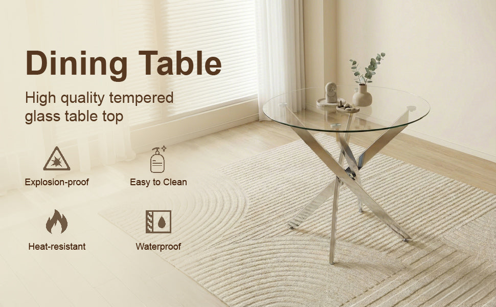 Round Dining Table, 35.5' Glass Dining Table with Silver Legs, Modern Kitchen Table for Home Kitchen, Dining Room - Grand Goldman Shop