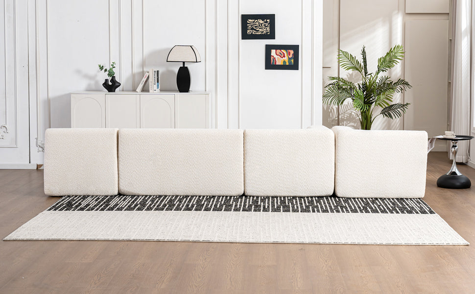 Modern Upholstered L-Shape Sofa with Chaise Lounge and Back Pillows, Beige Boucle Fabric, 144 inches - Grand Goldman Shop