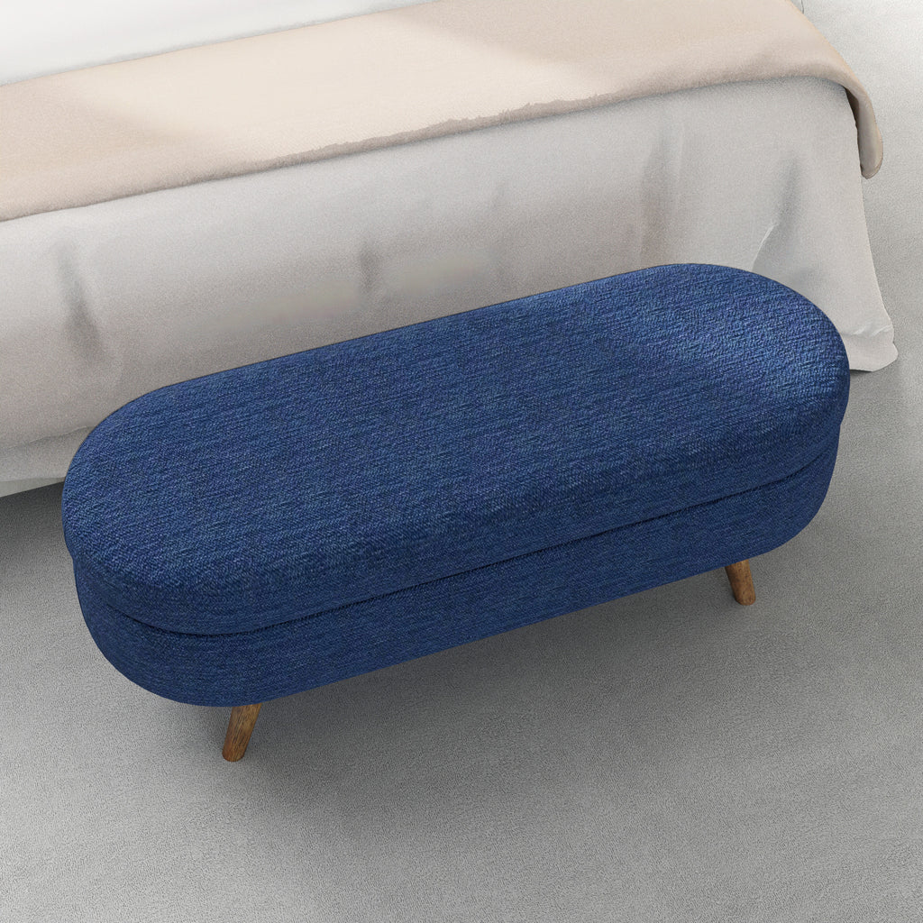 Ottoman Oval Storage Bench with Rubber Wood Legs in Blue Linen with Foam Padding - Grand Goldman Shop