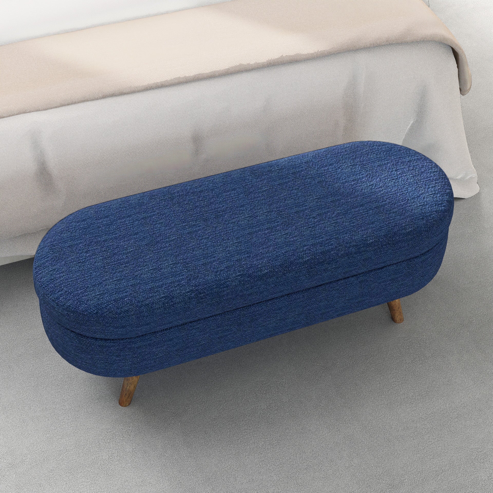 Ottoman Oval Storage Bench with Rubber Wood Legs in Blue Linen with Foam Padding - Grand Goldman Shop