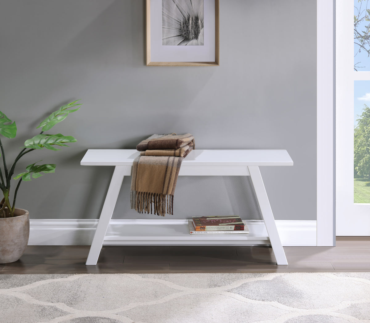 Elyz Solid Wood Bench with Shelf, 36.10-Inch Long, White - Grand Goldman Shop