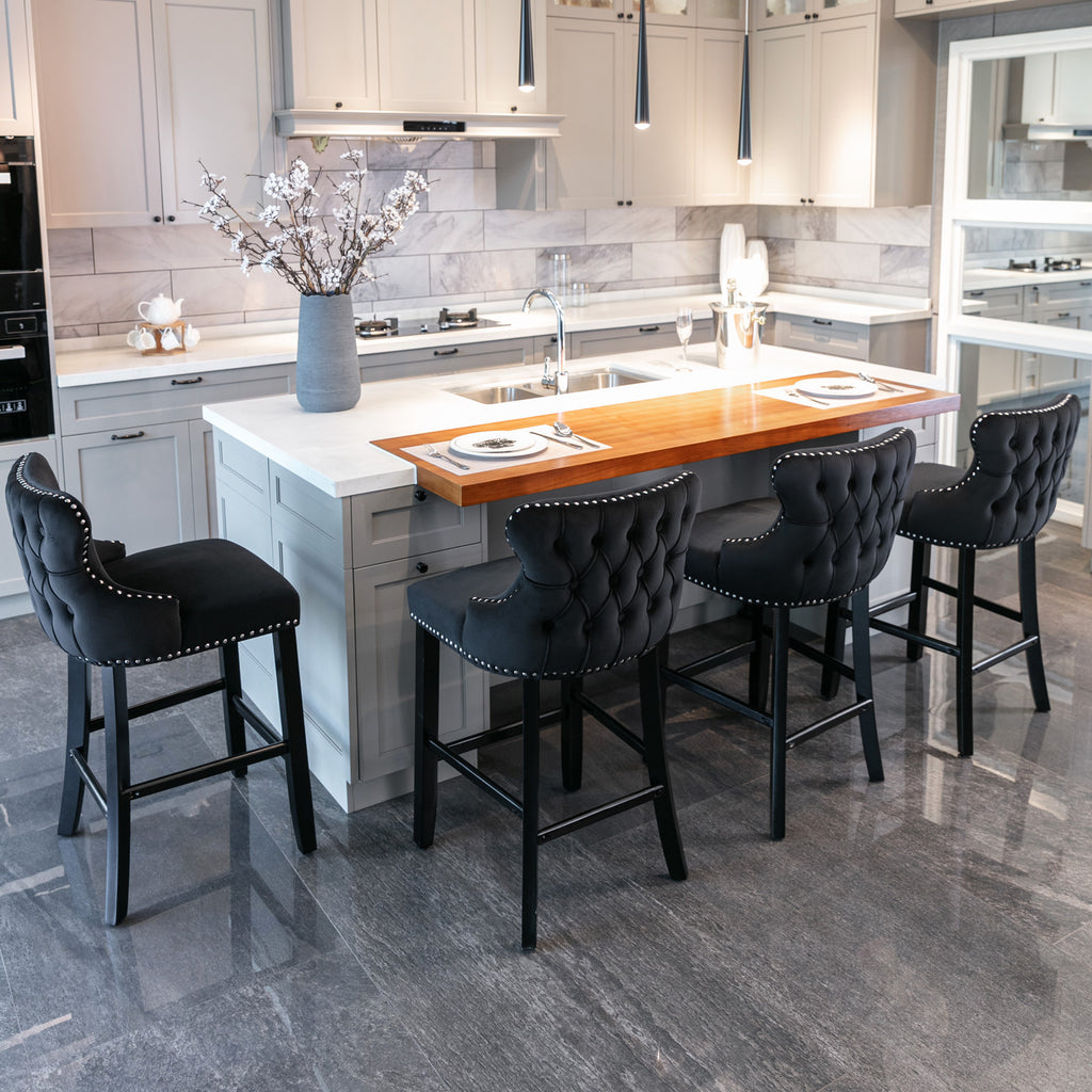 A&A Furniture,Contemporary Velvet Upholstered Wing-Back Barstools with Button Tufted Decoration and Wooden Legs, and Chrome Nailhead Trim, Leisure Style Bar Chairs,Bar stools,Set of 2 (Black),SW1824BK - Grand Goldman Shop