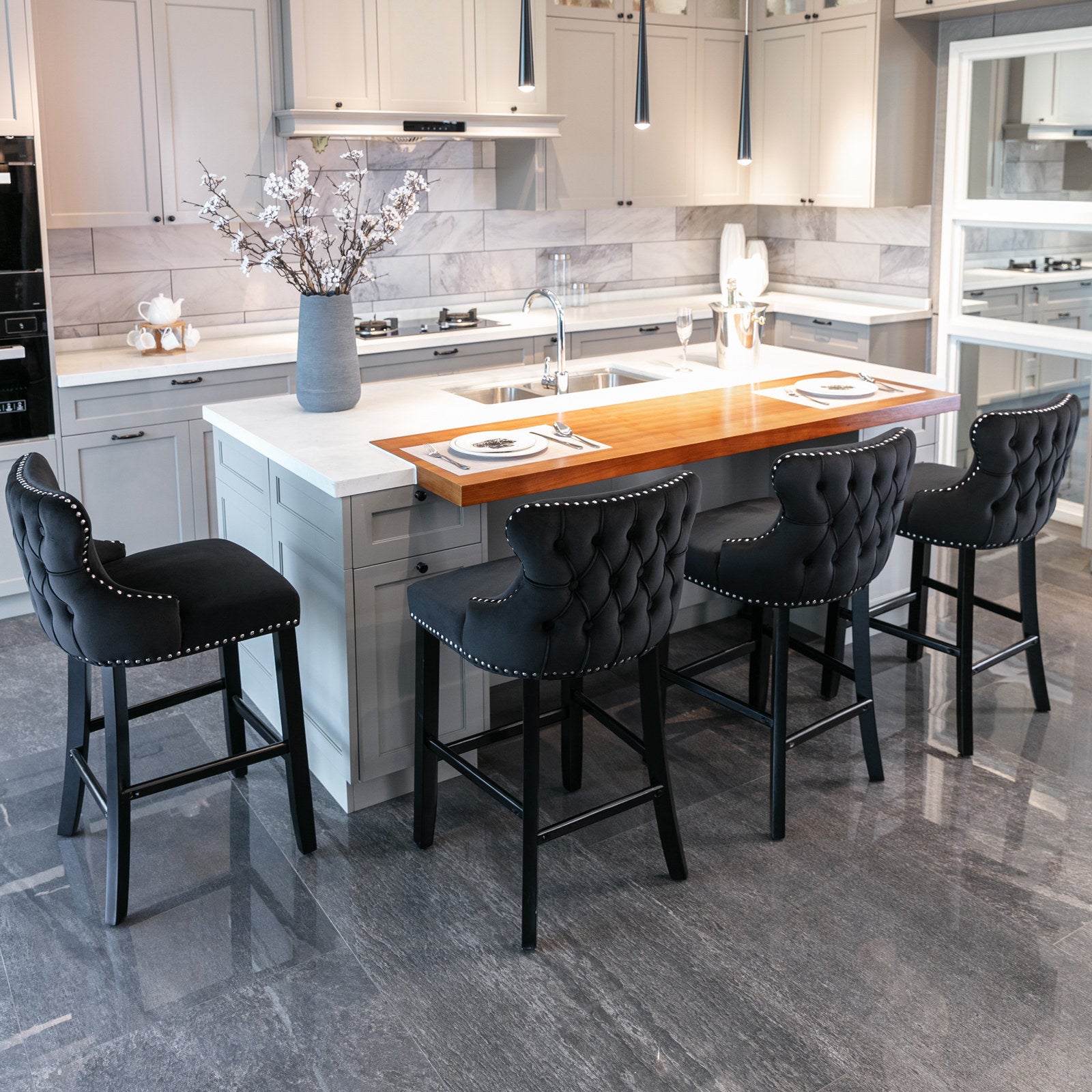 A&A Furniture,Contemporary Velvet Upholstered Wing-Back Barstools with Button Tufted Decoration and Wooden Legs, and Chrome Nailhead Trim, Leisure Style Bar Chairs,Bar stools,Set of 2 (Black),SW1824BK - Grand Goldman Shop