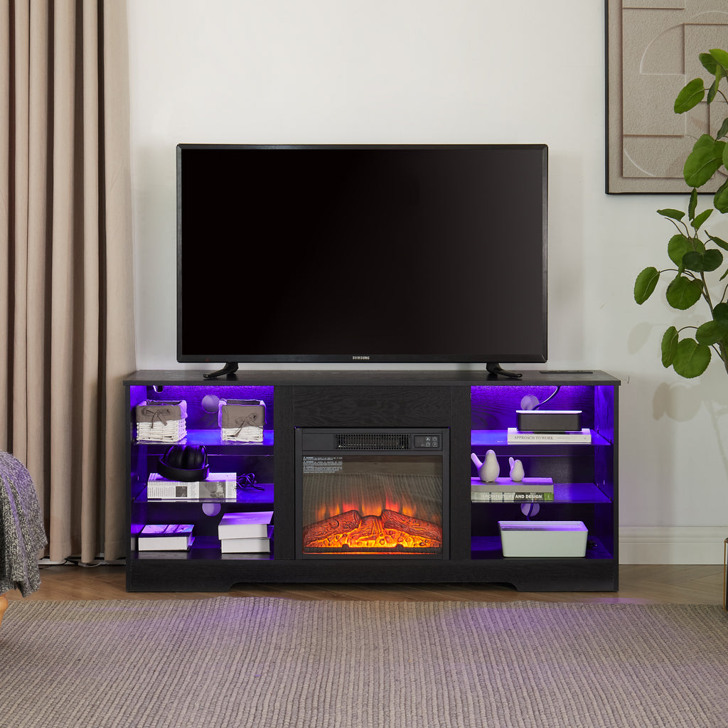 TV Stand Electric Fireplace TV Stand with Glass Shelves, 3D Fireplace TV Stand with LED Lights Wood with USB Charging Outlet Modern Television Table Center for TV up to 32-62' Black 58''W*15.4''D*24.6 - Grand Goldman Shop