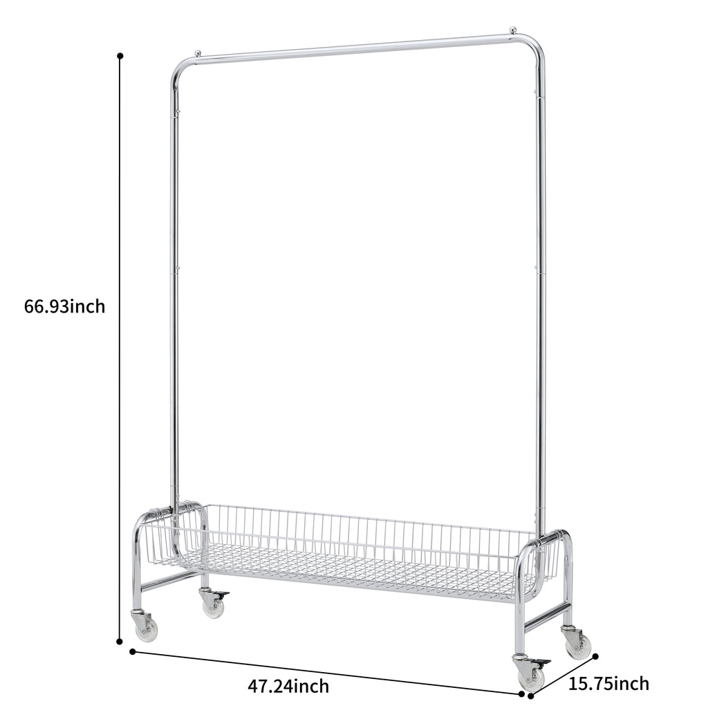 Heavy Duty Silver Iron Garment Rack with Basket on Wheels, 47.24 x 15.75 x 66.93 Inches - Grand Goldman Shop