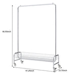 Heavy Duty Silver Iron Garment Rack with Basket on Wheels, 47.24 x 15.75 x 66.93 Inches - Grand Goldman Shop