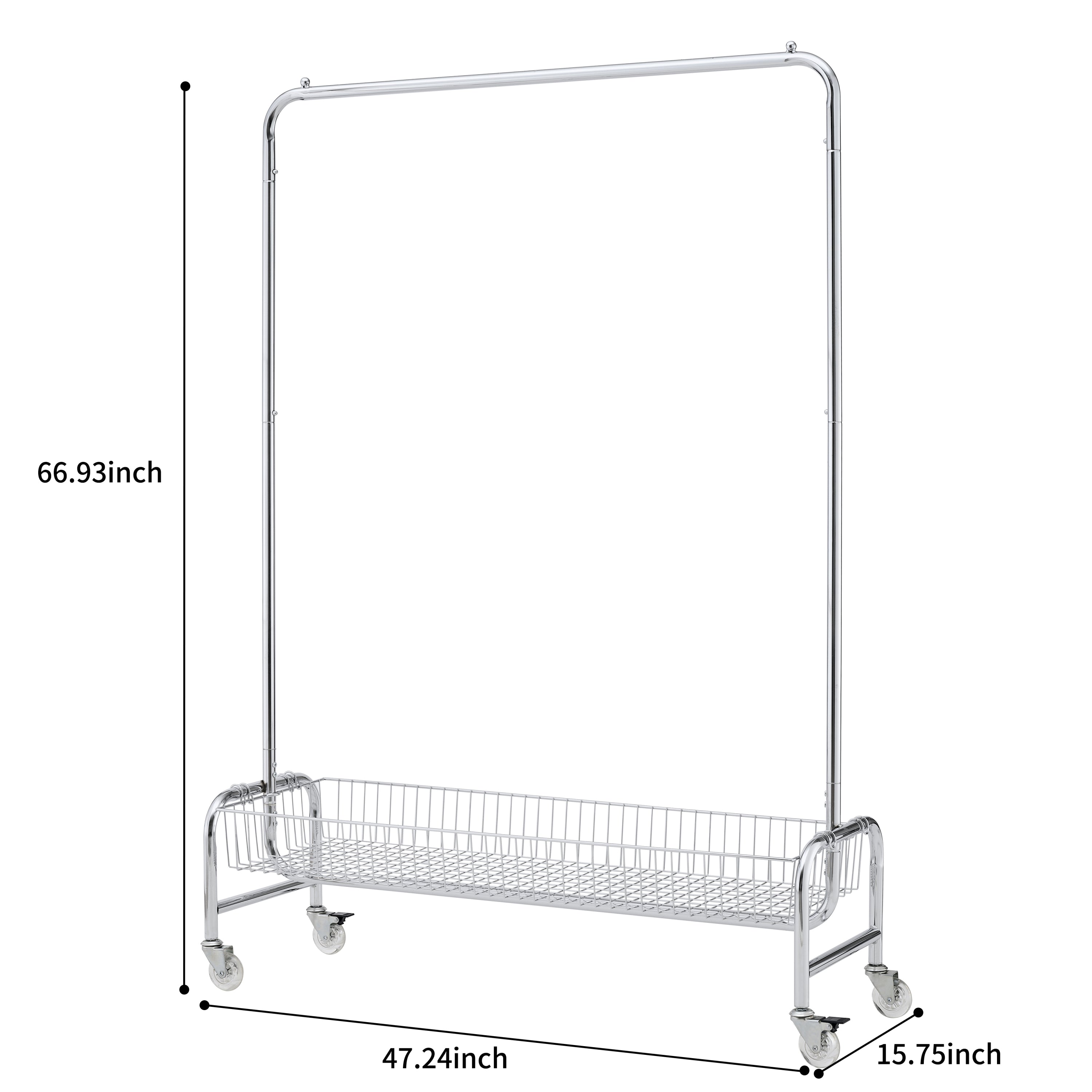Heavy Duty Silver Iron Garment Rack with Basket on Wheels, 47.24 x 15.75 x 66.93 Inches - Grand Goldman Shop