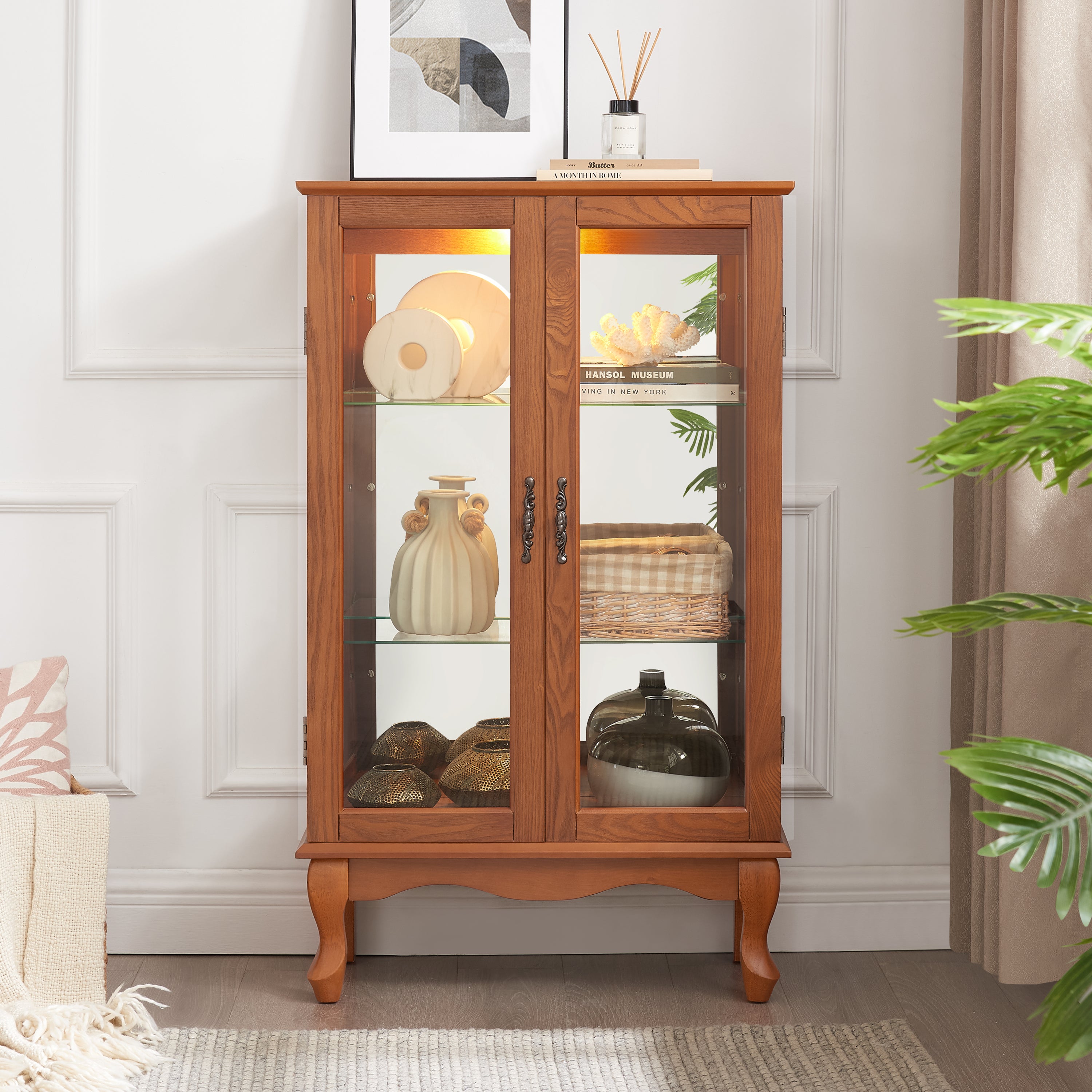 2 Doors Curio Cabinet with Tempered Glass Doors, Curio Cabinets with Mirrored Back Panel and Adjustable Shelves, Lighted Display Cabinet for Home, Office Light Bulb Included Oak - Grand Goldman Shop