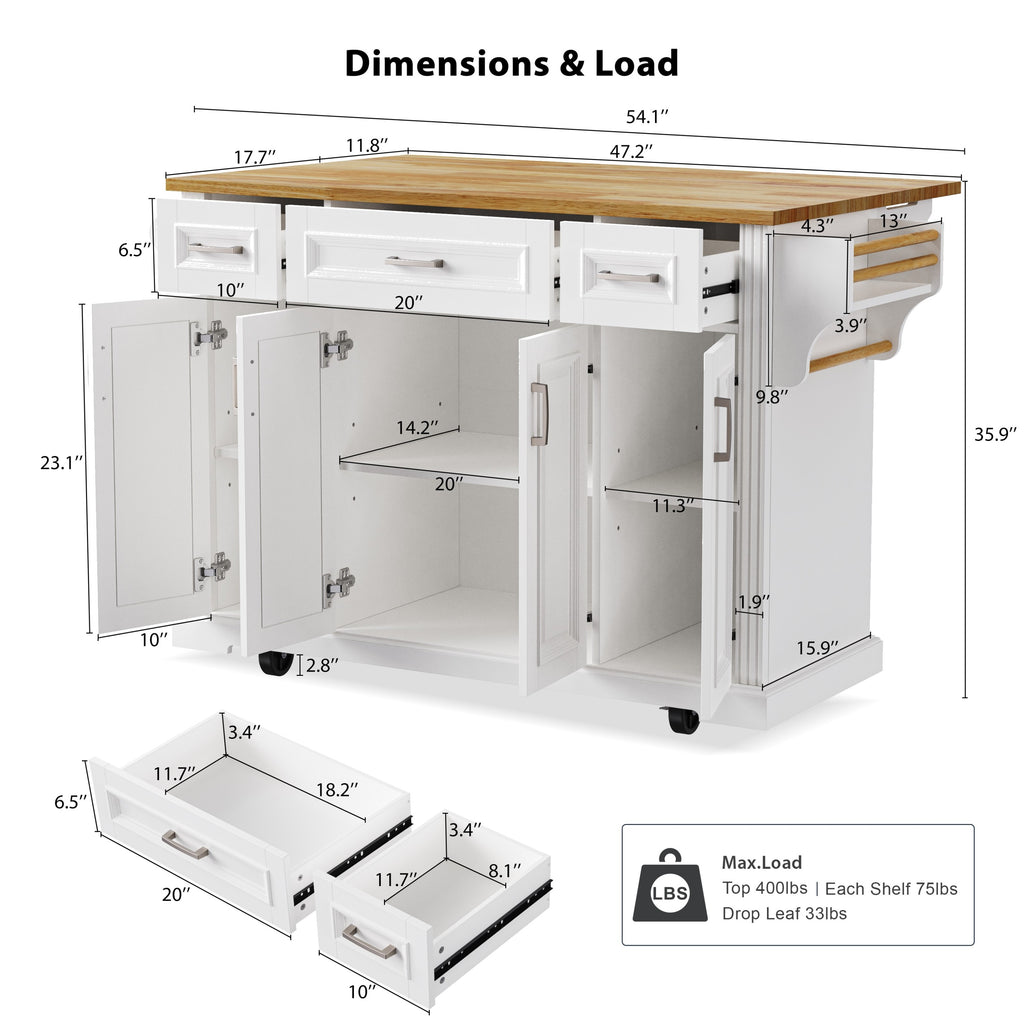 K&K 54inch Large Kitchen Island with Rubber Wood Drop Leaf, Embossed Texture Rolling Kitchen Cart on 4 Wheels with 4 Doors and 3 Drawers, Kitchen Island with Storage for Kitchen, Dining Room,White - Grand Goldman Shop