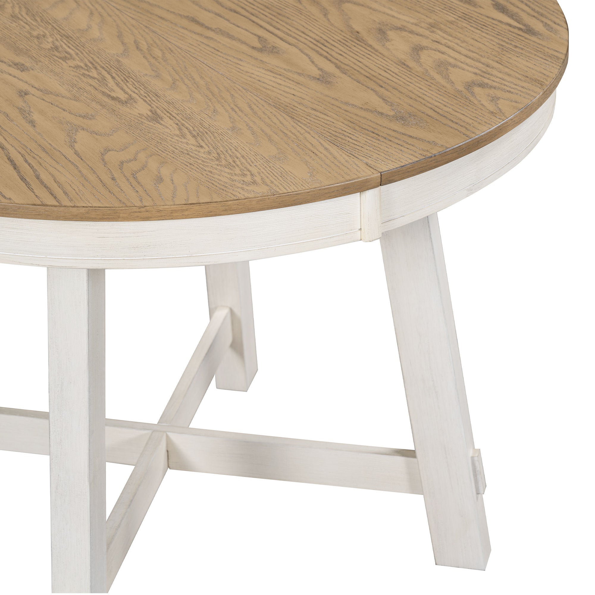 TREXM Farmhouse Round Extendable Dining Table with 16' Leaf Wood Kitchen Table (Oak Natural Wood + Antique White) - Grand Goldman Shop