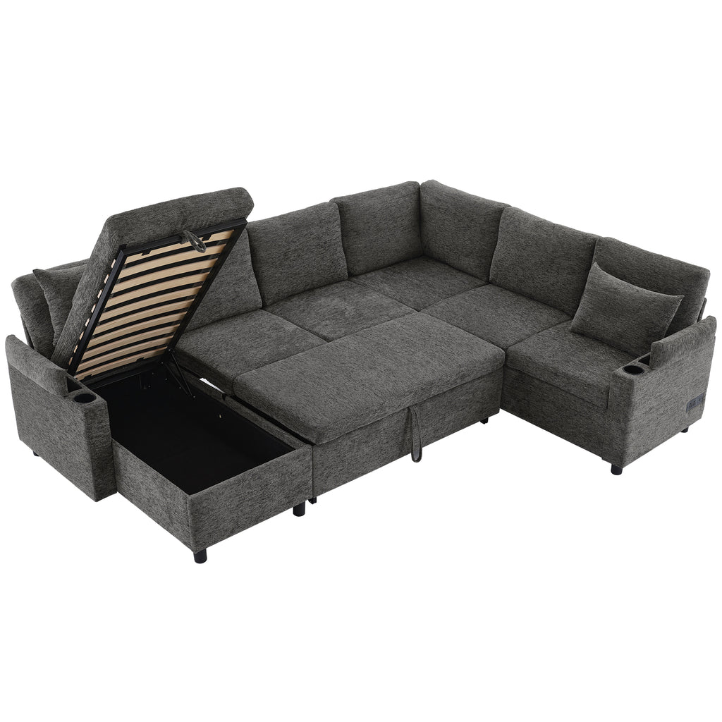 Versatile U-Shaped Sectional Sofa Bed with Storage, Cup Holders, Charging Ports in Grey Chenille - Grand Goldman Shop