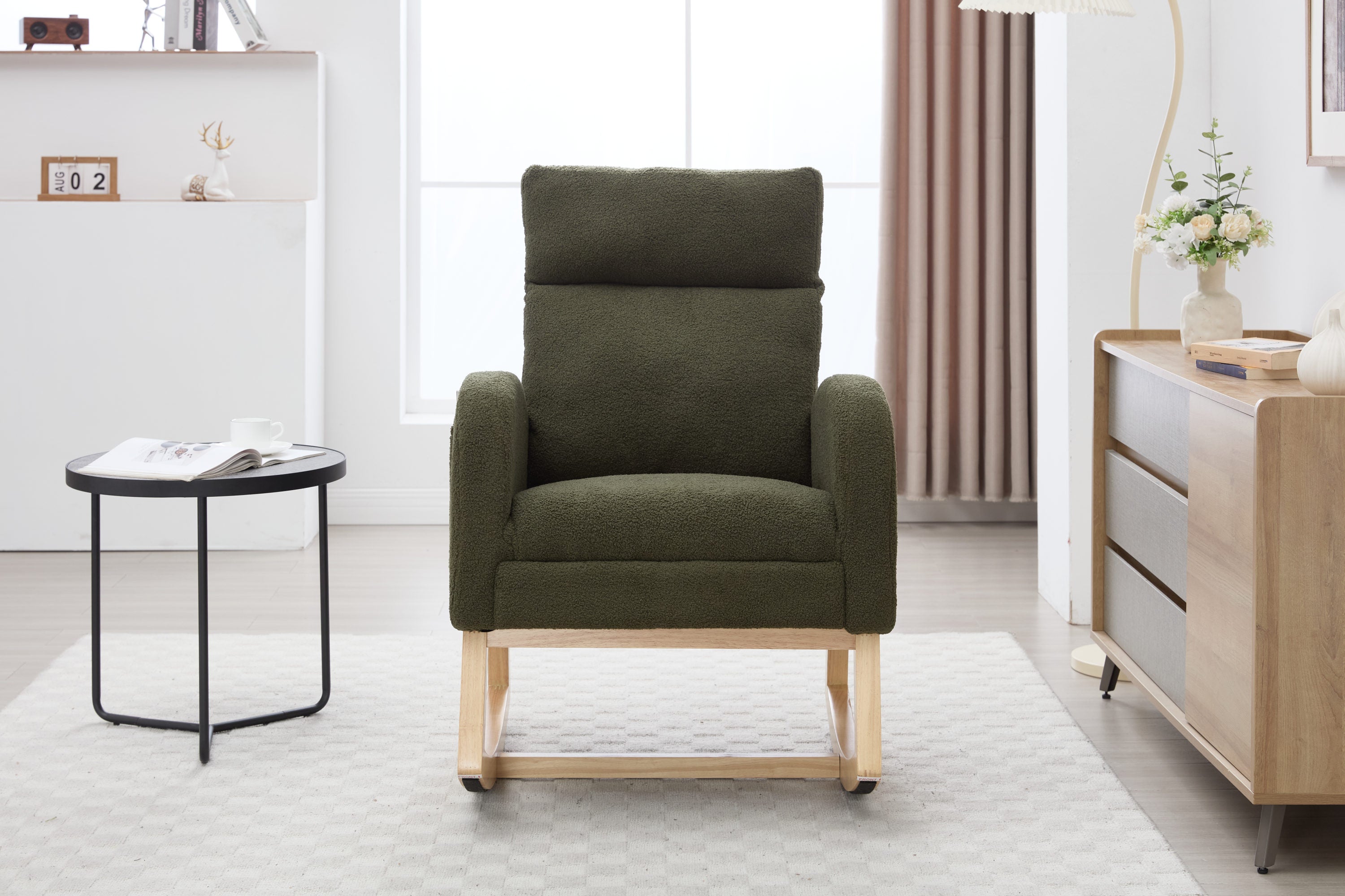 015B-Teddy Fabric Leisure Rocking Chair,Nursery Rocking Chair With Adjustable Footstool,Thickened Headrest And High Backrest, Storage Pocket On The Right Side,The Base Rocker Is Solid Wood,Green - Grand Goldman Shop