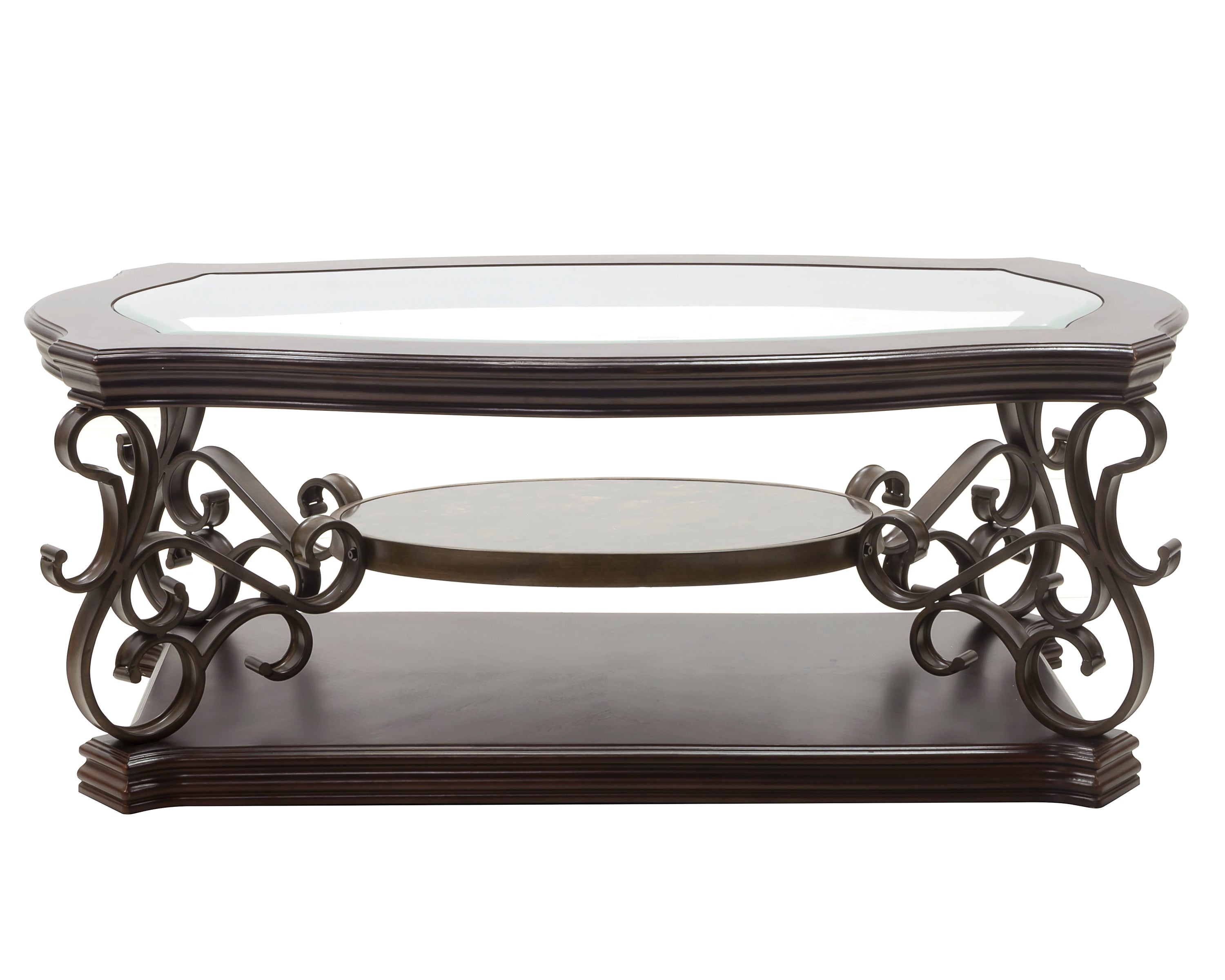 Cocktail Table, Glass table top, MDF W/marble paper middle shelf, powder coat finish metal legs. (52'Lx32'Wx20.3'H) - Grand Goldman Shop