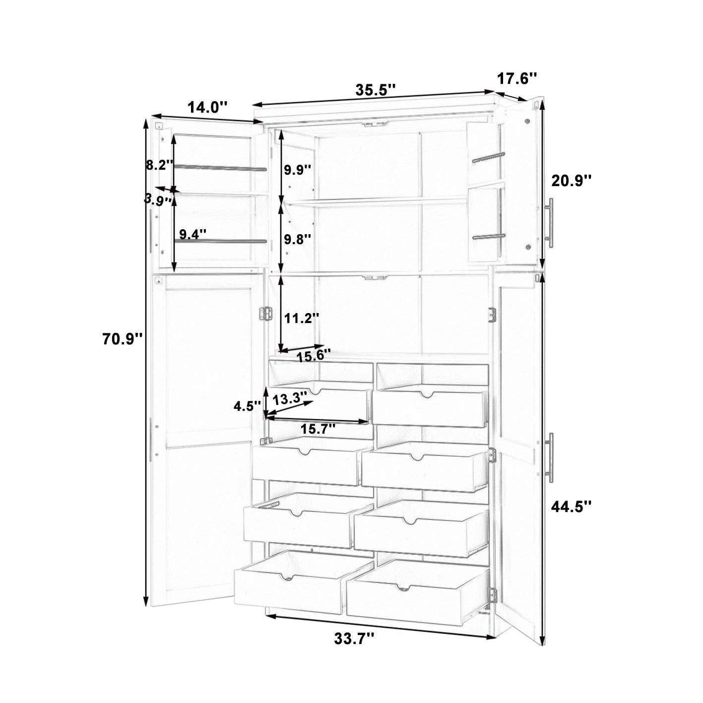 [Assembly Video Provided] TOPMAX 35.5x17.6x70.9inch Freestanding Kitchen Pantry Cabinet, Tall Storage Cabinet with 4 Doors, 2 Door Shelves, 8 Pull-out Trays and Adjustable Shelf for Dining Room, Gray - Grand Goldman Shop
