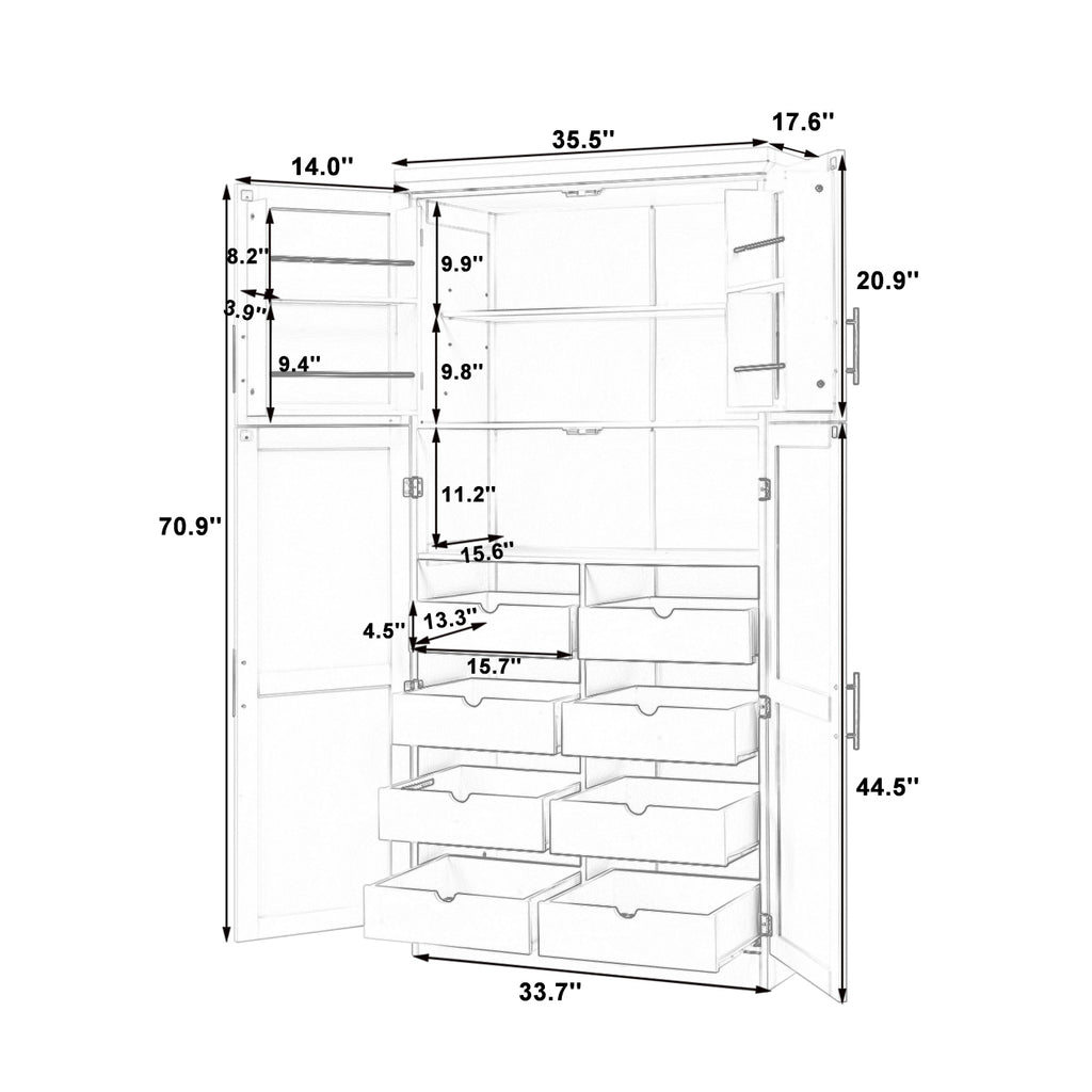 [Assembly Video Provided] TOPMAX 35.5x17.6x70.9inch Freestanding Kitchen Pantry Cabinet, Tall Storage Cabinet with 4 Doors, 2 Door Shelves, 8 Pull-out Trays and Adjustable Shelf for Dining Room, Blue - Grand Goldman Shop