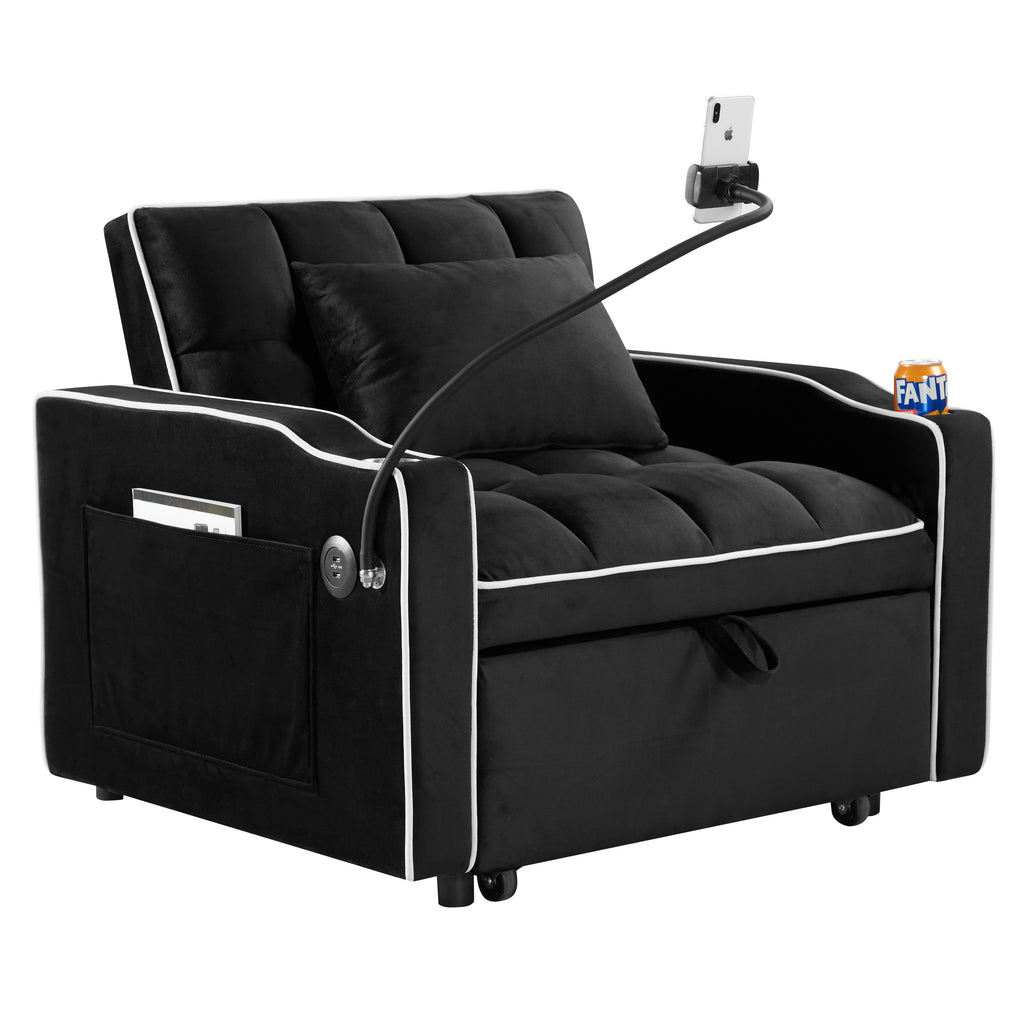 Convertible Sleeper Chair Sofa Bed with Multi-Pockets, Adjustable Pull Out Sofa for Small Spaces, Black Velvet - Grand Goldman Shop