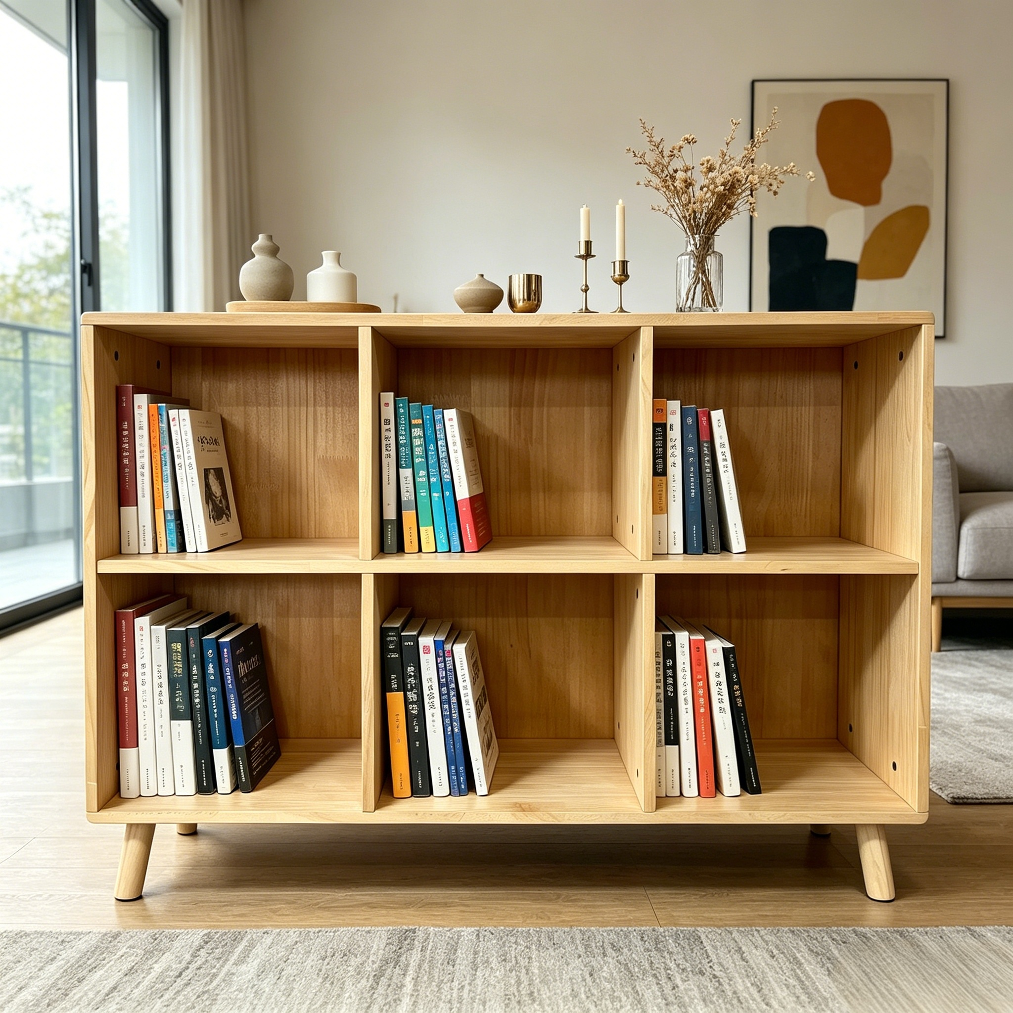 Stylish 6 Cube Wooden Storage Shelf, Freestanding Open Bookcase with Legs, Natural Solid Wood Cubby Organizer for Living Room